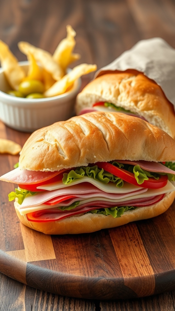 A freshly made sandwich with deli meats, cheese, and vegetables on a wooden table with chips and pickles.